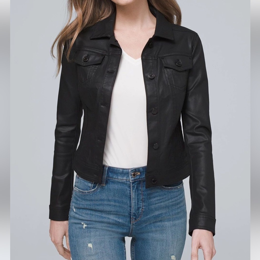 WHBM Black Coated Crop Denim Jacket
